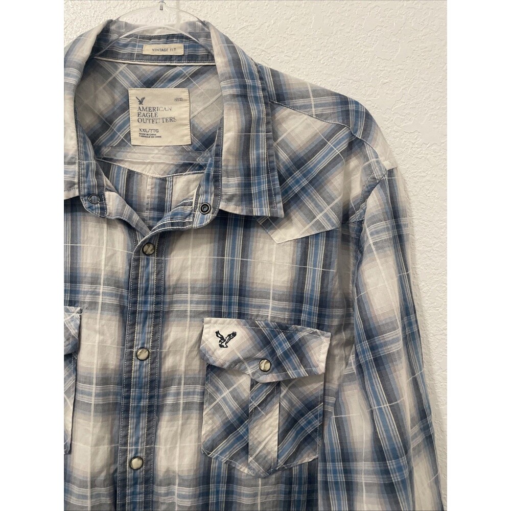 American Eagle Men's Western Y2K Shirt XXL Pearl Snap Plaid Blue Vintage Cotton